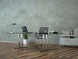 Illustration: Bürodesign - Schreibtisch vor grauer Wand Bürodesign - Schreibtisch vor grauer Wand