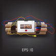 Explosives with alarm clock, detonator isolated on grey backgrou
