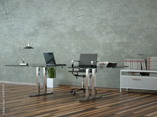 Illustration: Bürodesign - Schreibtisch vor grauer Wand Bürodesign - Schreibtisch vor grauer Wand
