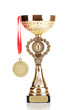 Trophy cup and medal isolated on white