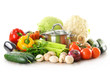 Composition with pot and fresh vegetables isolated on white Composition with pot and fresh vegetables isolated on white