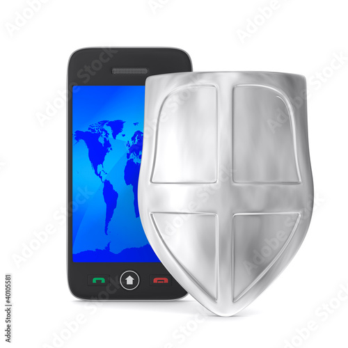 Illustration: phone and shield on white background. Isolated 3D image phone and shield on white background. Isolated 3D image