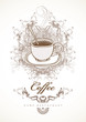 banner with cup of coffee on background with swirls