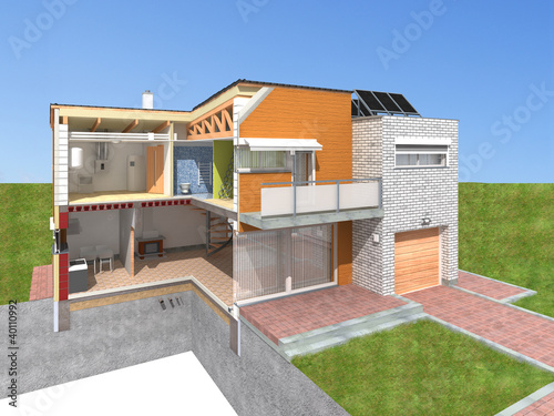 Illustration: Detailed rendering of a modern house in the section Detailed rendering of a modern house in the section