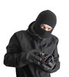 Masked criminal holding a stolen leather purse, isolated on whit Masked criminal holding a stolen leather purse, isolated on whit