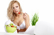 healthy sexy woman with salad on white background