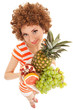 Fun woman with juicy fruits on the white background Fun woman with juicy fruits on the white background
