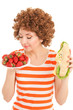 Fun woman with strawberry and sandwich on the white background Fun woman with strawberry and sandwich on the white background