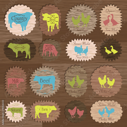 Vector: Farm animals market egg and meat labels food Farm animals market egg and meat labels food