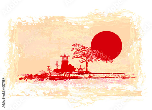 Illustration: old paper with Asian Landscape old paper with Asian Landscape