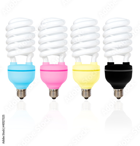 Illustration: CMYK coloured energy saving light bulbs CMYK coloured energy saving light bulbs