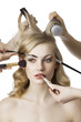 in beauty salon, the girl looks at right