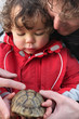 father showing a turtle to his son