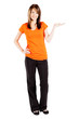 beautiful teen girl presenting on white background