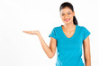 happy indian woman presenting on white background