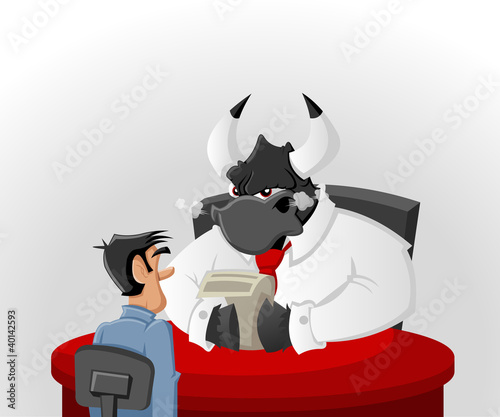 Vector: Cartoon man with his angry bull boss in office Cartoon man with his angry bull boss in office