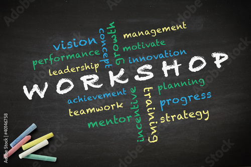 Photo: Workshop concept written on blackboard Workshop concept written on blackboard