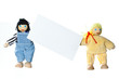 Photo: wooden man and woman are holding empty white card for your text wooden man and woman are holding empty white card for your text