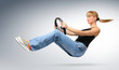 Young girl car driver with a wheel, concept