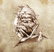 Sketch of tattoo art, funny sitting gnome