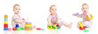 Cute little boy playing colorful toys isolated on white