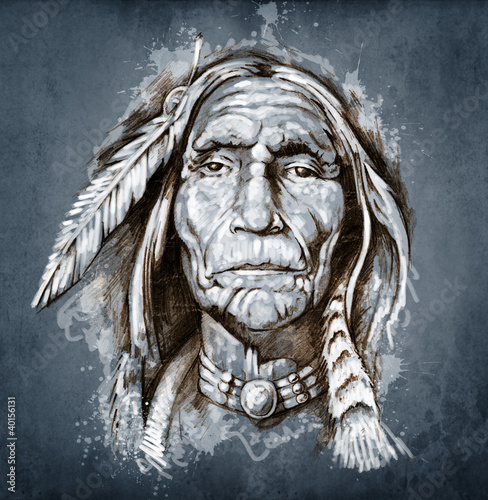 Illustration: Sketch of tattoo art, portrait of american indian head Sketch of tattoo art, portrait of american indian head
