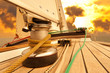 Winch with rope on sailing boat in the sea Winch with rope on sailing boat in the sea