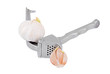 Garlic press and garlic, isolated on white background