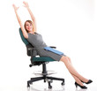 Full length business woman sitting on chair holding clipboard is