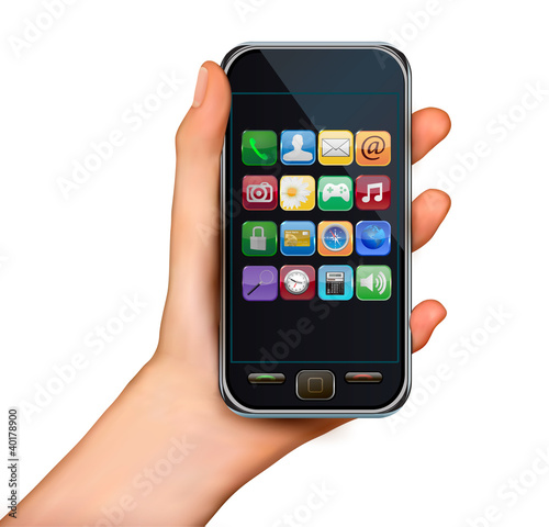 Vektor: A hand holding touchscreen mobile phone with icons A hand holding touchscreen mobile phone with icons