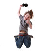 Foto: Young boy jumping over white background Young boy jumping over white background