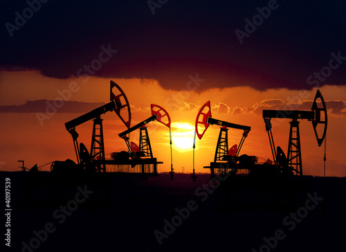 Illustration: Collage. Oil field at sunset. Collage. Oil field at sunset.