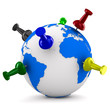 multicolor thumbtacks on globe. Isolated 3D image multicolor thumbtacks on globe. Isolated 3D image