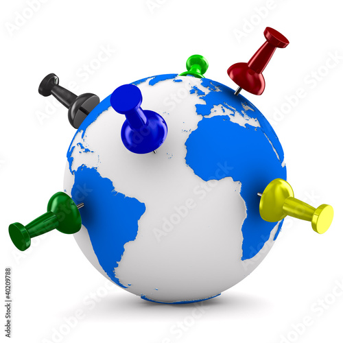 Illustration: multicolor thumbtacks on globe. Isolated 3D image multicolor thumbtacks on globe. Isolated 3D image