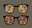 Retro eyeglasses with strange robots reflection in it. Retro eyeglasses with strange robots reflection in it.