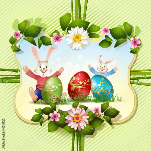 Vector: Easter card with bunnies and eggs Easter card with bunnies and eggs