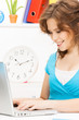 happy woman with laptop computer