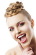the watermelon colors on make up, her nouth is open
