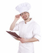 male  in white uniform and hat keeping clipboard
