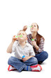 woman and the boy let go soap bubbles