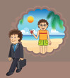A businessman thinking of a vacation at the beach while at work
