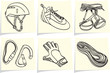 Mountain climbing equipment on yellow memo sticks