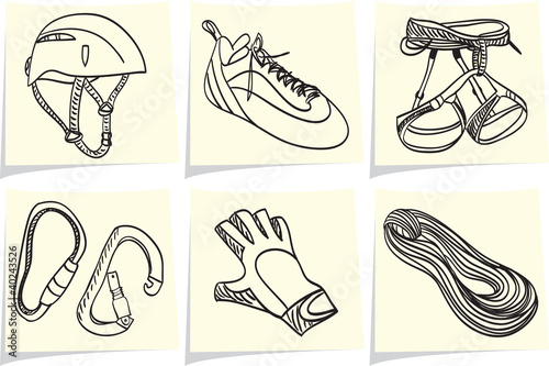 Vector: Mountain climbing equipment on yellow memo sticks Mountain climbing equipment on yellow memo sticks