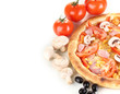 Aromatic pizza with vegetables and mushrooms close-up isolated