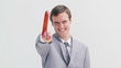 Businessman holding a red walking stick