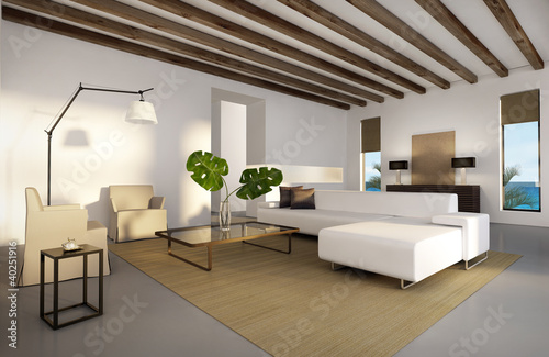 Illustration: Luxury mediterranean beach house interior, chic elegant Luxury mediterranean beach house interior, chic elegant