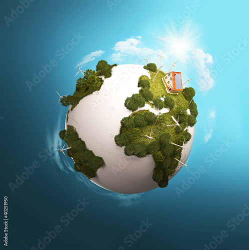 Illustration: Modern windmills on a green planet Modern windmills on a green planet