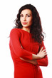 Beautiful brunet woman with curly hair folding hands isolated