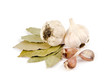 garlic and clove on a white background lie on a laurel sheet garlic and clove on a white background lie on a laurel sheet