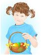 Happy Easter! Little girl holding baskets with color eggs